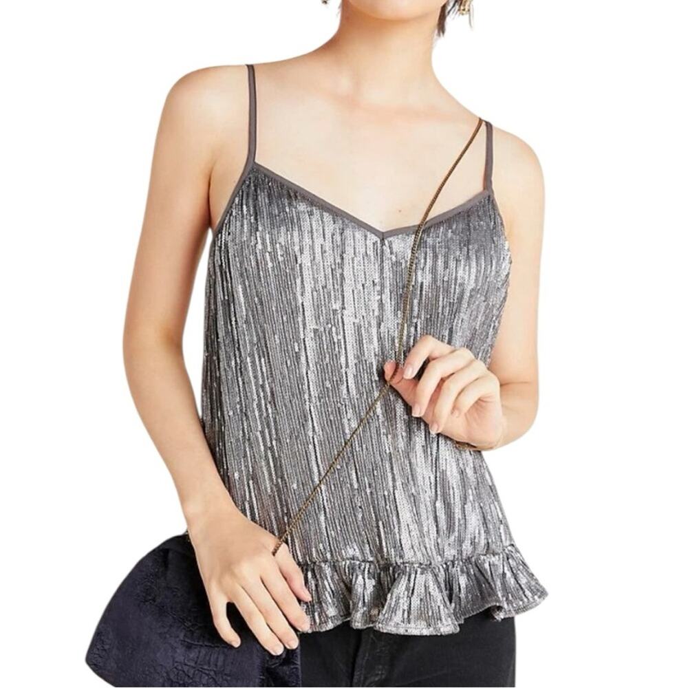 Anthropologie Silver Sequin Ruffled Camisole Size 4 Amelie Silver Grey Metallic
